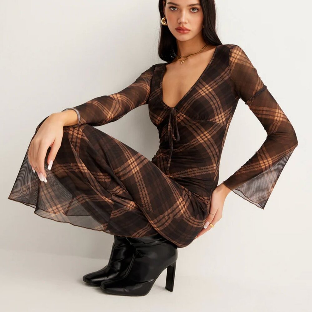 COMMENSE Plaid Bell-Sleeve Midi Dress, Brown, S NWT